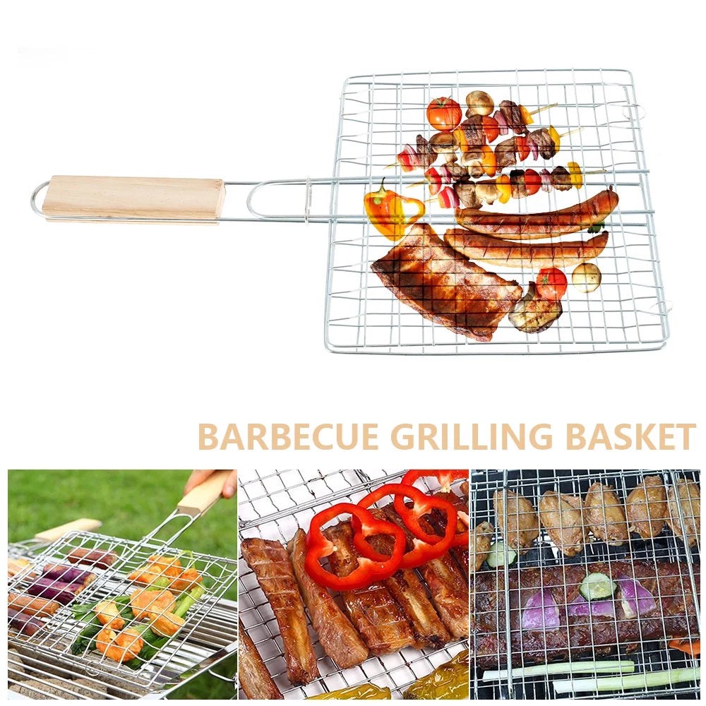 Stainless Steel Folding Barbecue Grilling Basket with Wooden Handle C406