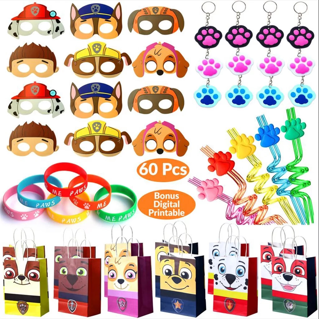 60 Pc Dog Paw Theme Party Supply Paper Bags Wristband Straws Keychain O412846