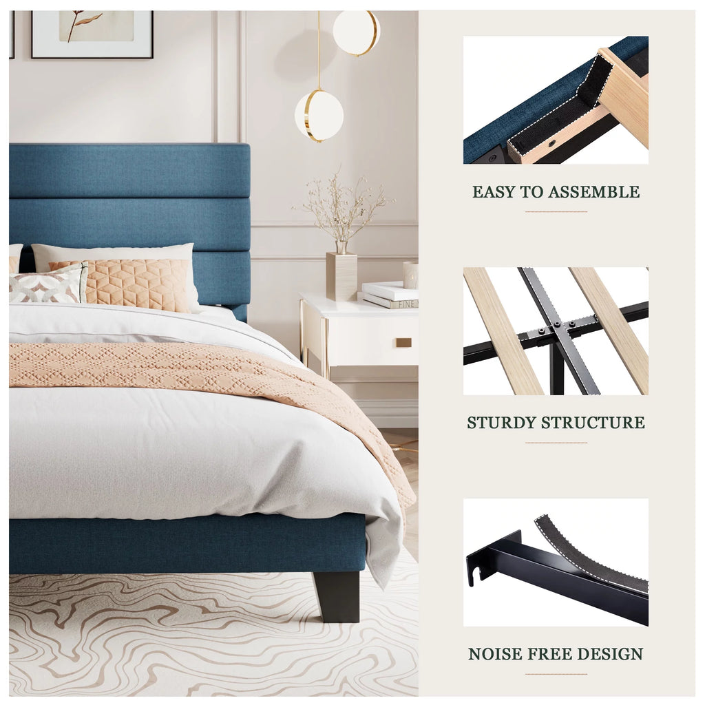 King Size Navy Blue Fabric Upholstered Platform Bed Frame with Headboard Z822