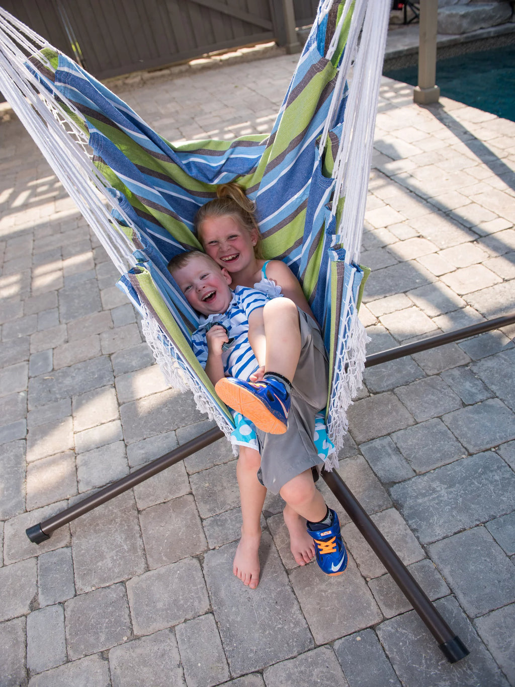 Blue and Green Brazilian Style Hammock Chair with Hanging Bar V51538