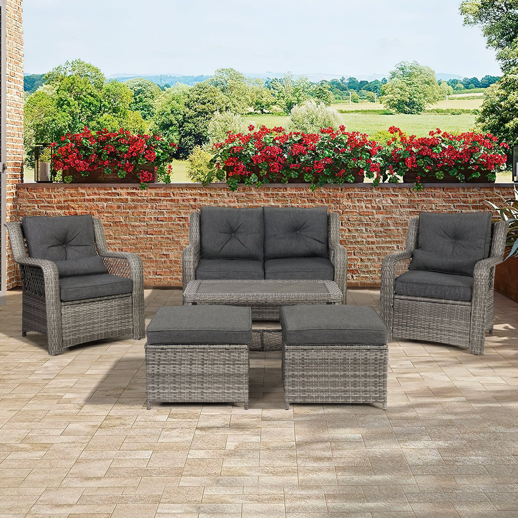 6 Piece Grey Rattan Patio Furniture Set with Ottoman O1854