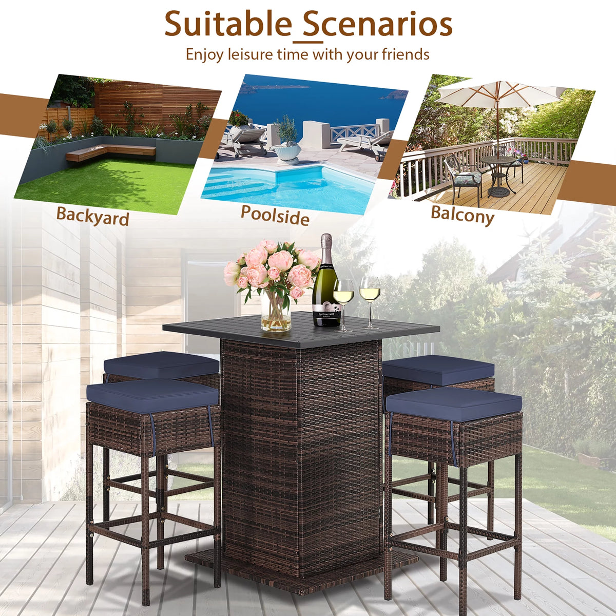 5 Pc Rattan Patio Bar Set with Table & 4 Cushioned Stools F24933