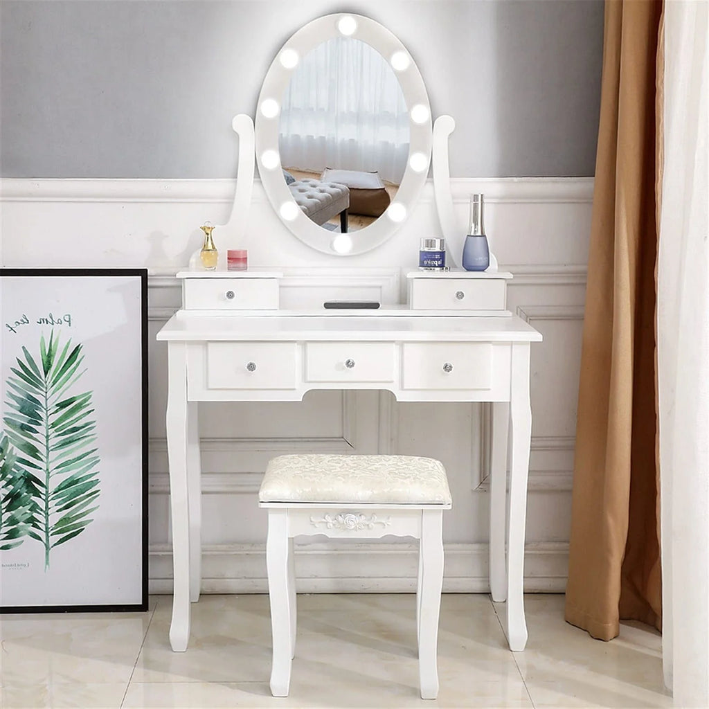 White Vanity Table Set with 5 Drawers and Cushioned Stool L73415