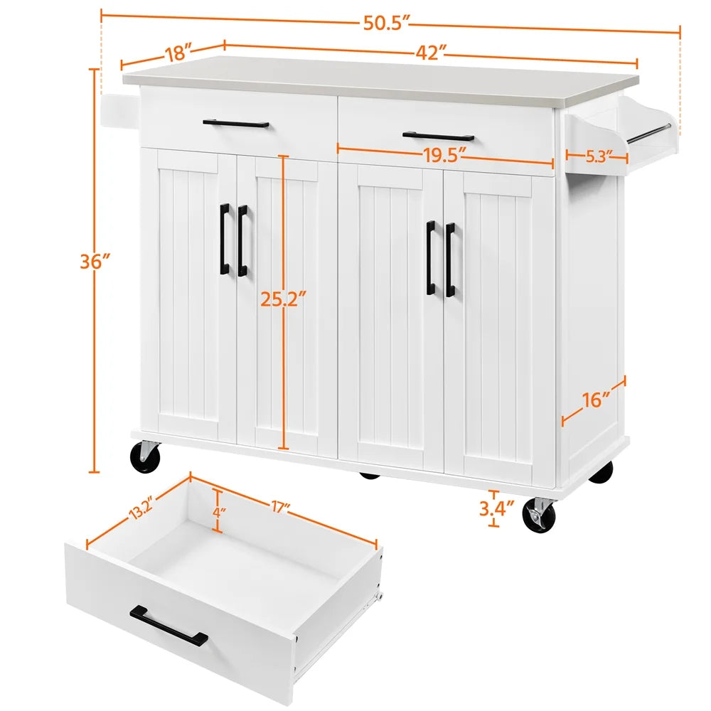White Kitchen Island with Storage Drawers & Cabinets E243