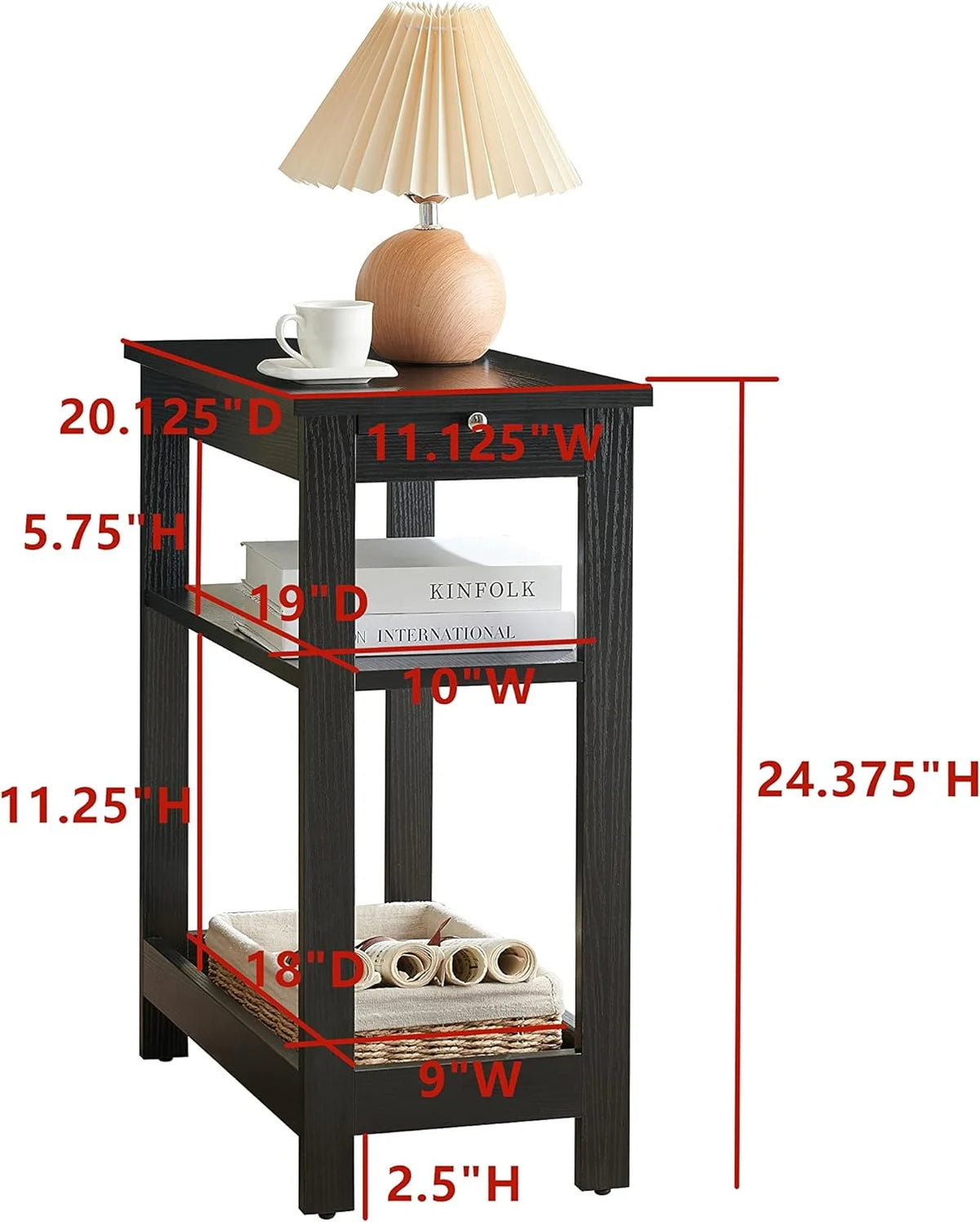 Black Slim Side End Table with Storage Shelves A419315
