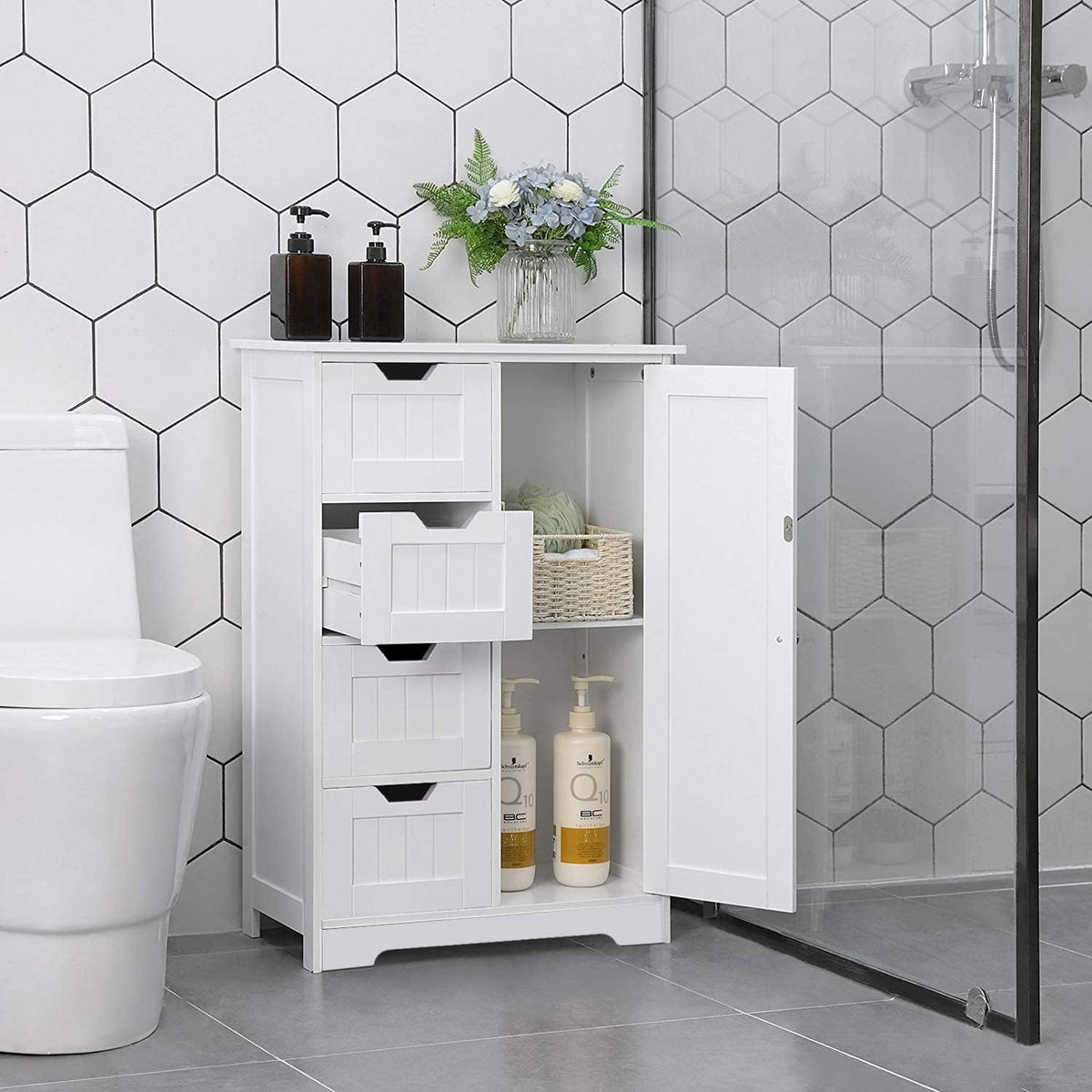 White Freestanding Bathroom Storage Cabinet with 4 Drawers and 1 Door M99793