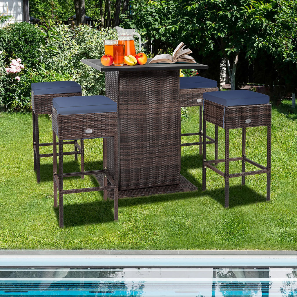 5 Pc Rattan Patio Bar Set with Table & 4 Cushioned Stools F24933