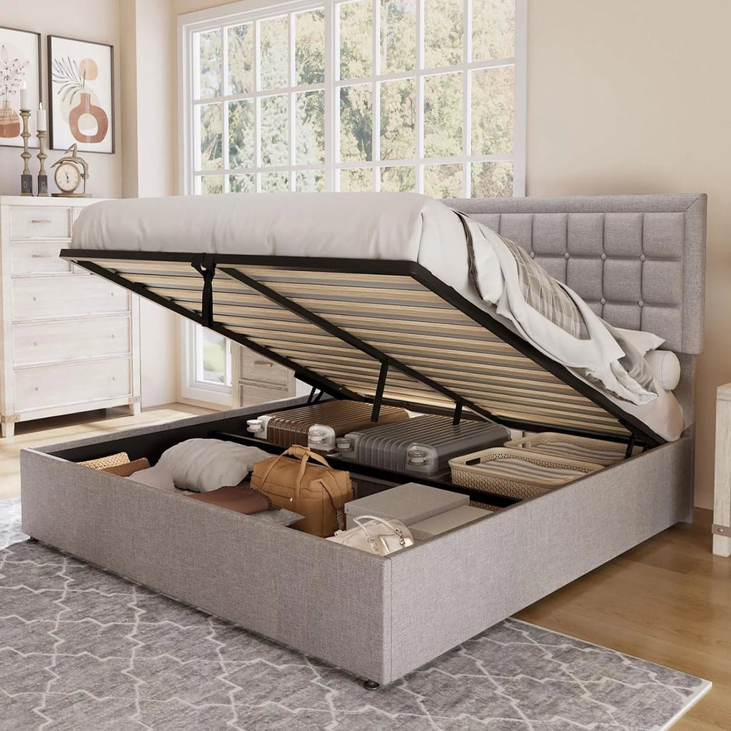 Queen Size Light Grey Upholstered Storage Bed Frame F581