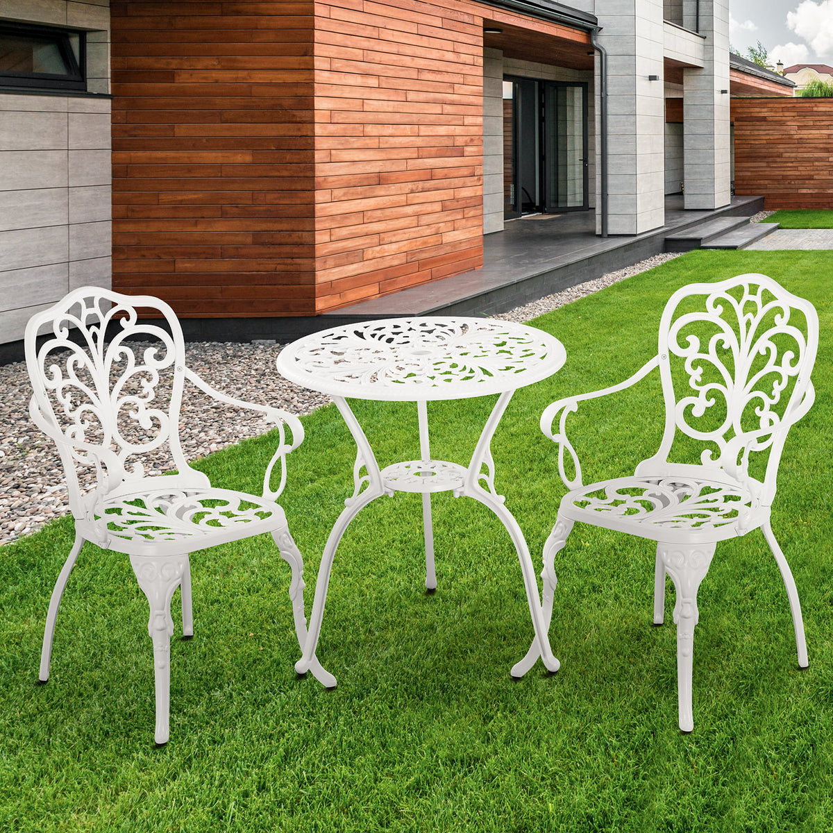 White Bistro Table and Chairs Set with Umbrella Hole Y65227
