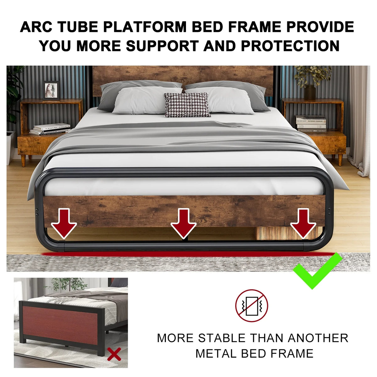 Queen Size Metal Platform Bed Frame with Wooden Headboard D8553