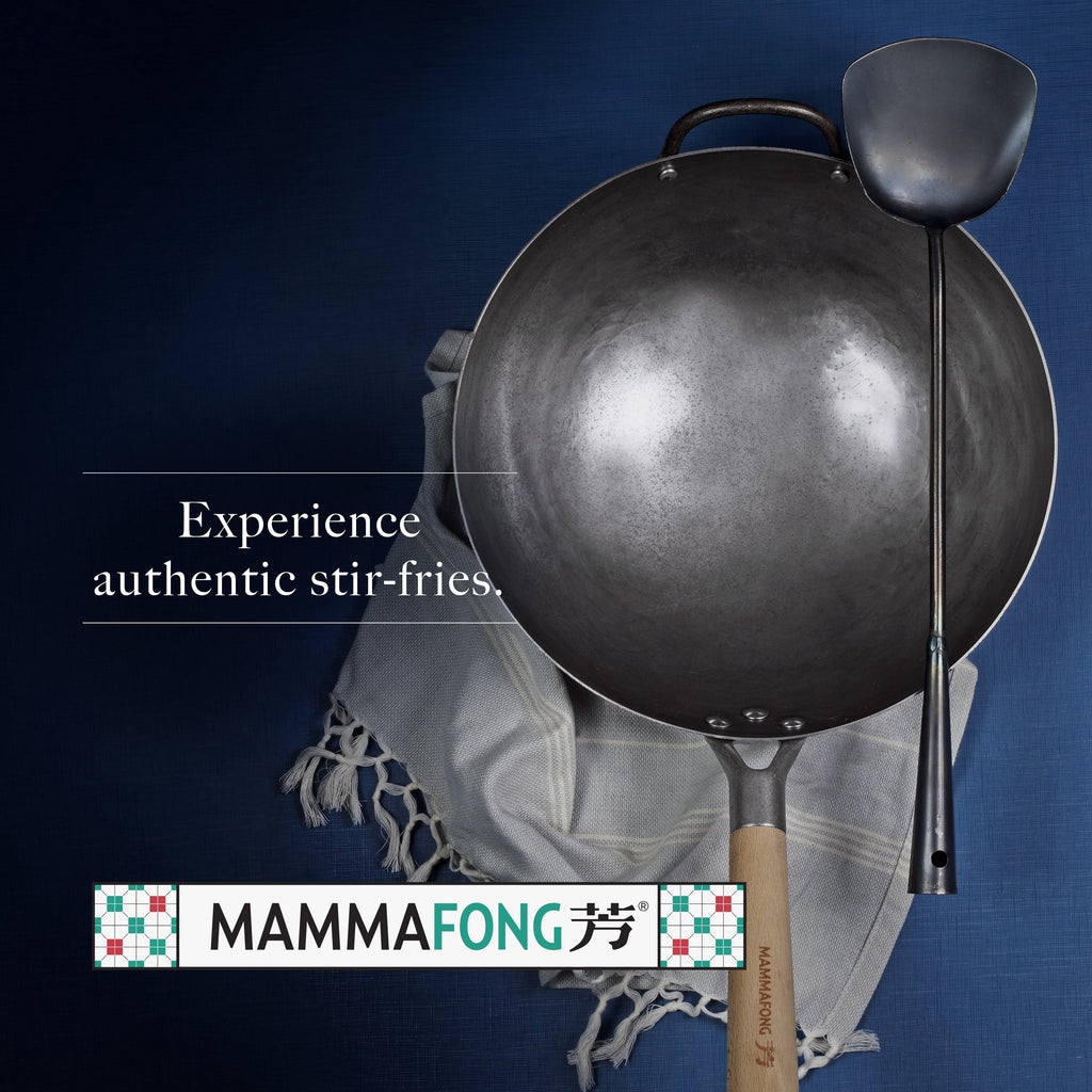 14 inch Hand Hammered Carbon Steel Wok Set with Spatula and Bamboo Brush O166