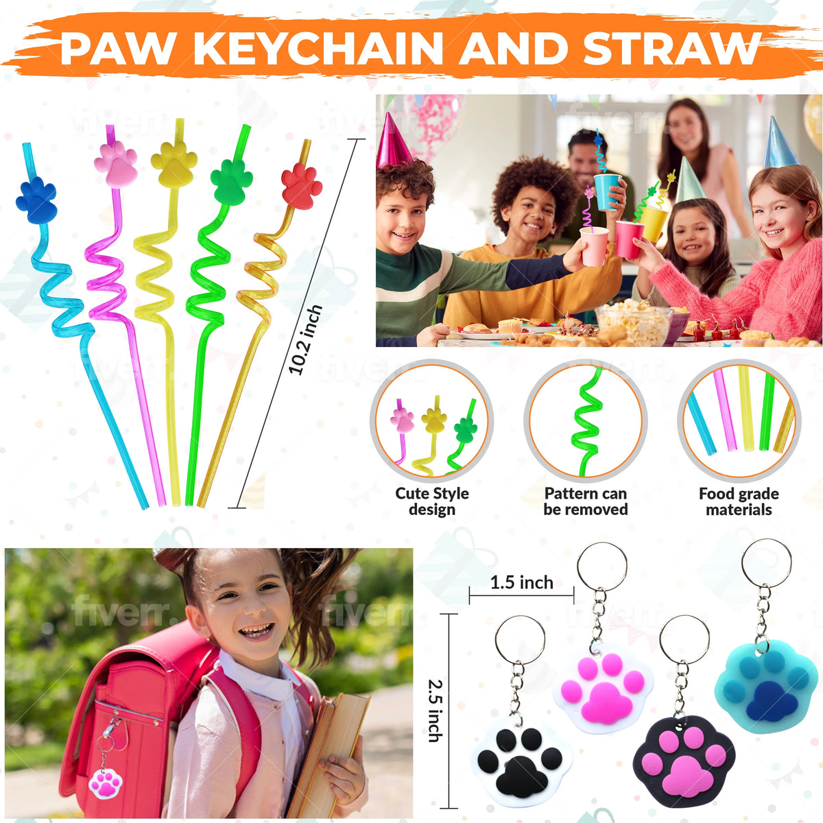 60 Pc Dog Paw Theme Party Supply Paper Bags Wristband Straws Keychain O412846