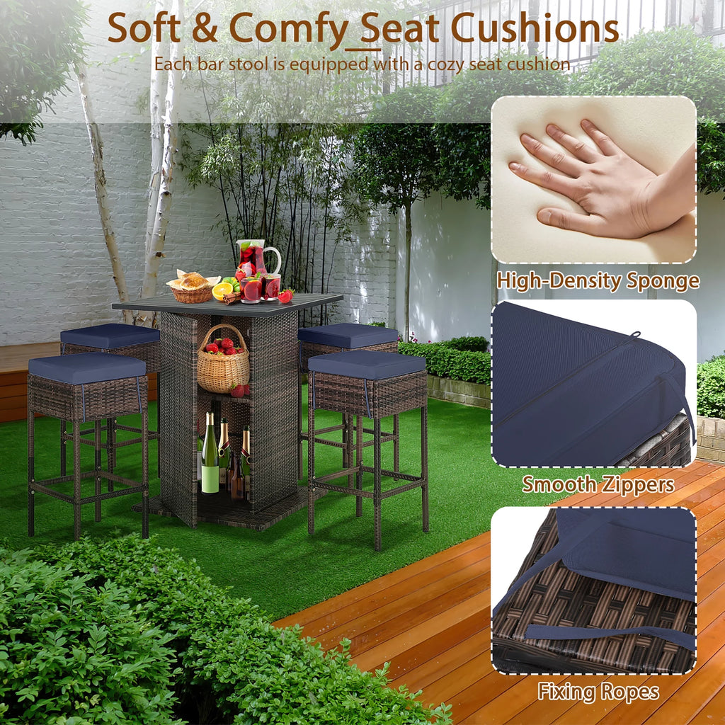 5 Pc Rattan Patio Bar Set with Table & 4 Cushioned Stools F24933