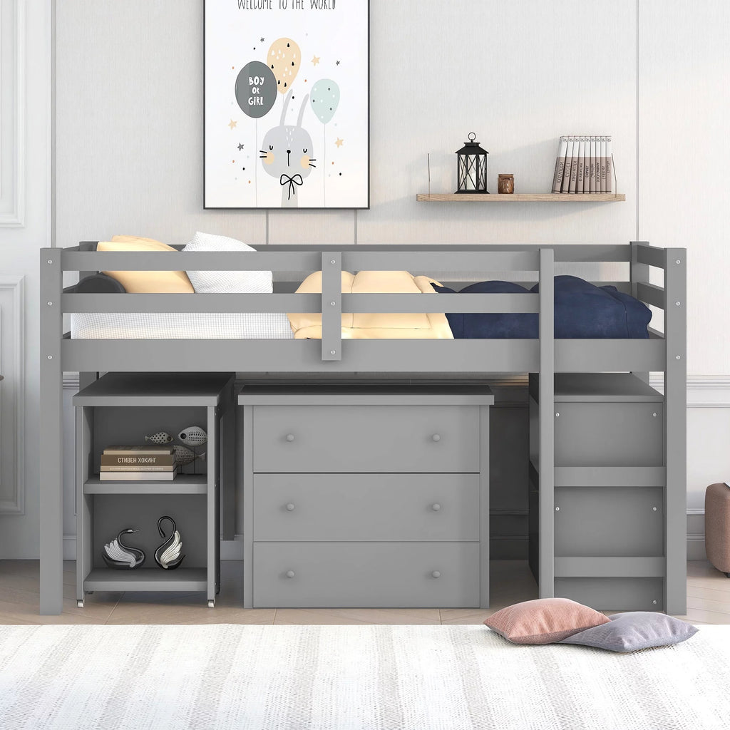 Twin Size Wood Loft Bed with Desk Storage Drawers and Bookcase P459
