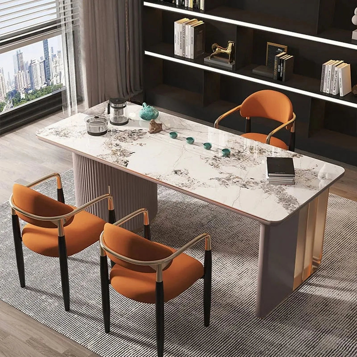 Wooden Laptop Office Desk with Filing Cabinets and Glass Organizer Y7344
