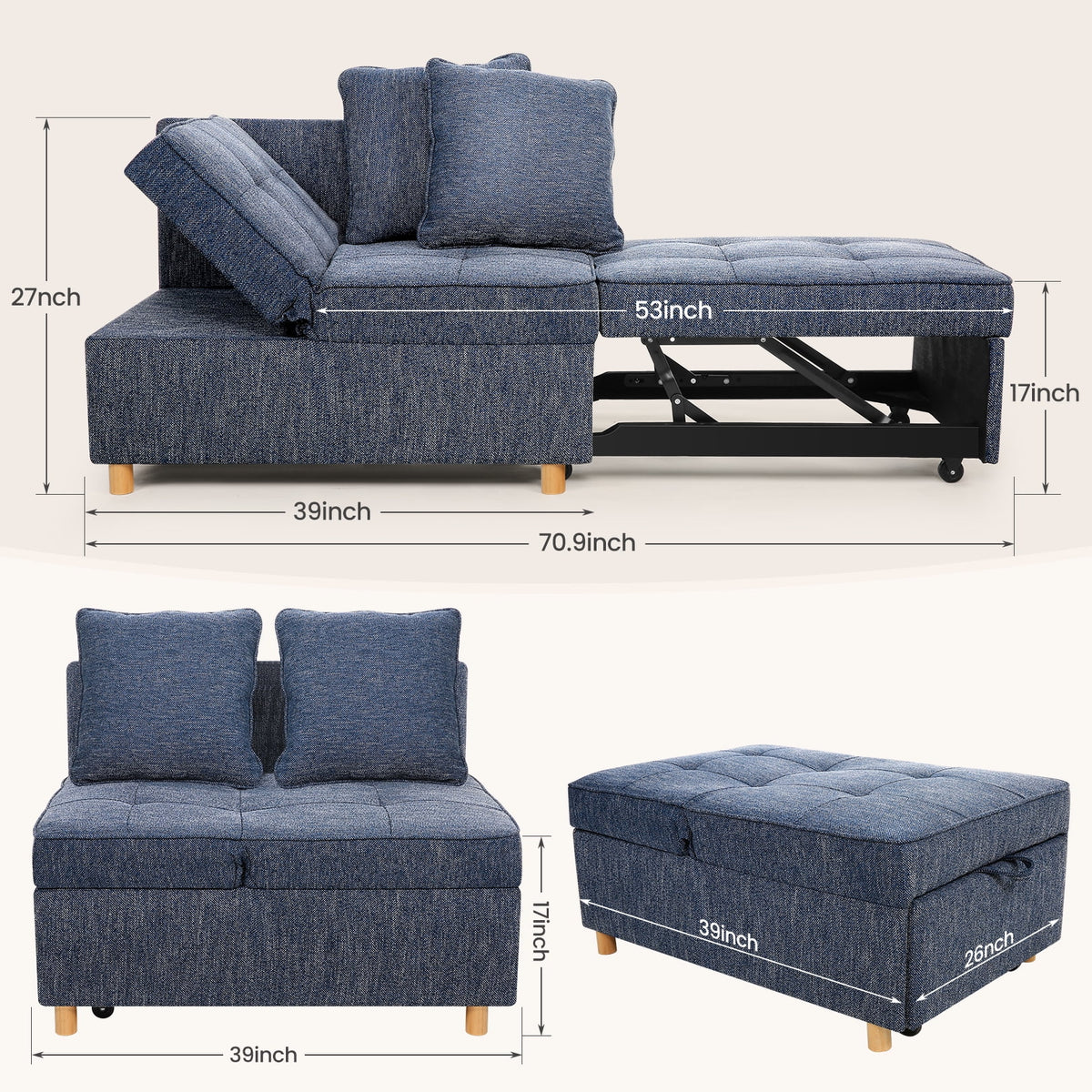 Blue 4 in 1 Convertible Sleeper Chair with 2 Pillows I235