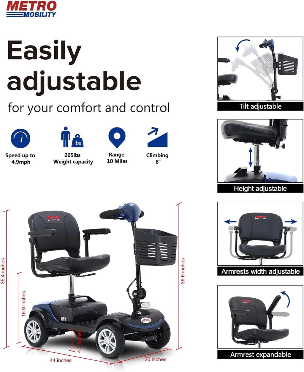 Blue Foldable 4 Wheel Mobility Scooter M360