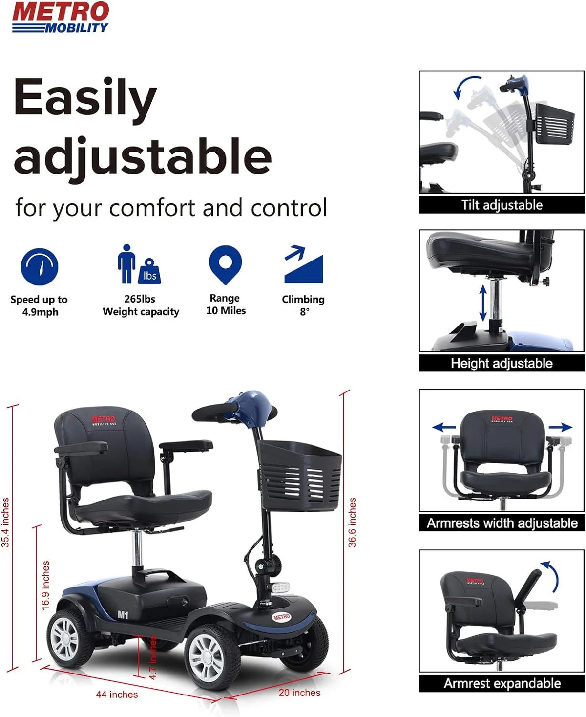 Blue Foldable 4 Wheel Mobility Scooter M360