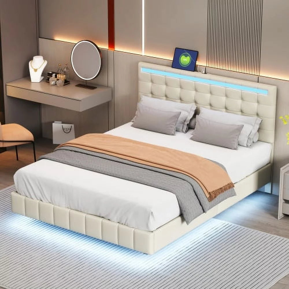 Queen Size PU Upholstered Platform Bed Frame with LED Lights & USB Port J824