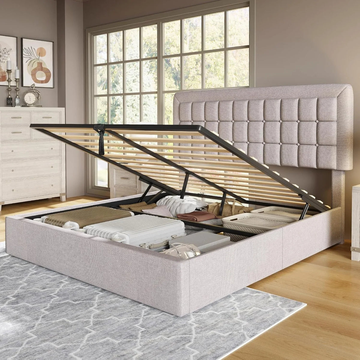 Queen Size Light Grey Upholstered Storage Bed Frame F581