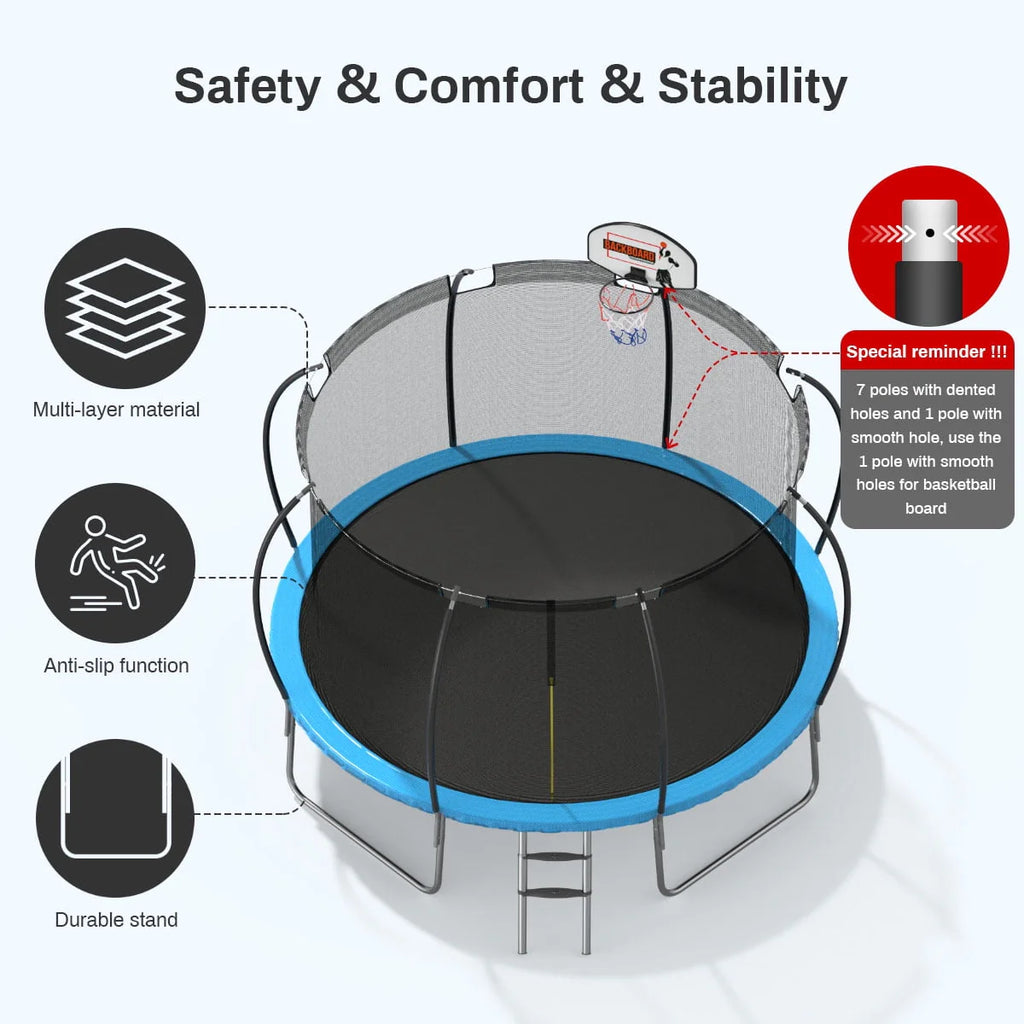 12' Round Backyard Trampoline with Safety Enclosure and Basketball Hoop G57639