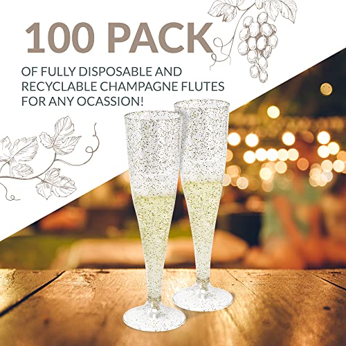 100 Pack 4.5 oz Gold Glitter Plastic Champagne Flutes H18406