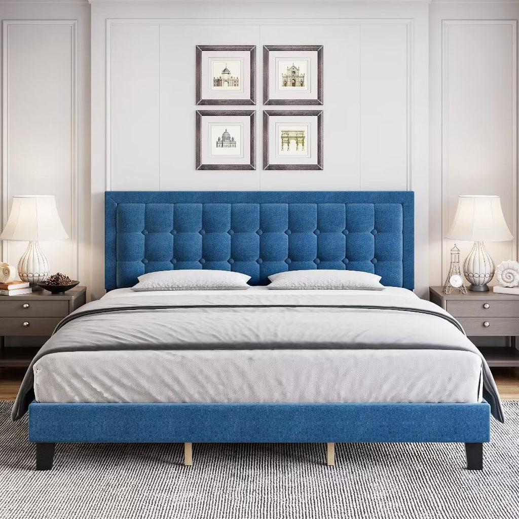 Full Size Blue Upholstered Platform Bed with Tufted Headboard A9523