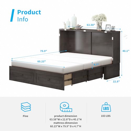 Queen Murphy Bed Cabinet with USB Charging Station and Storage Drawers C635
