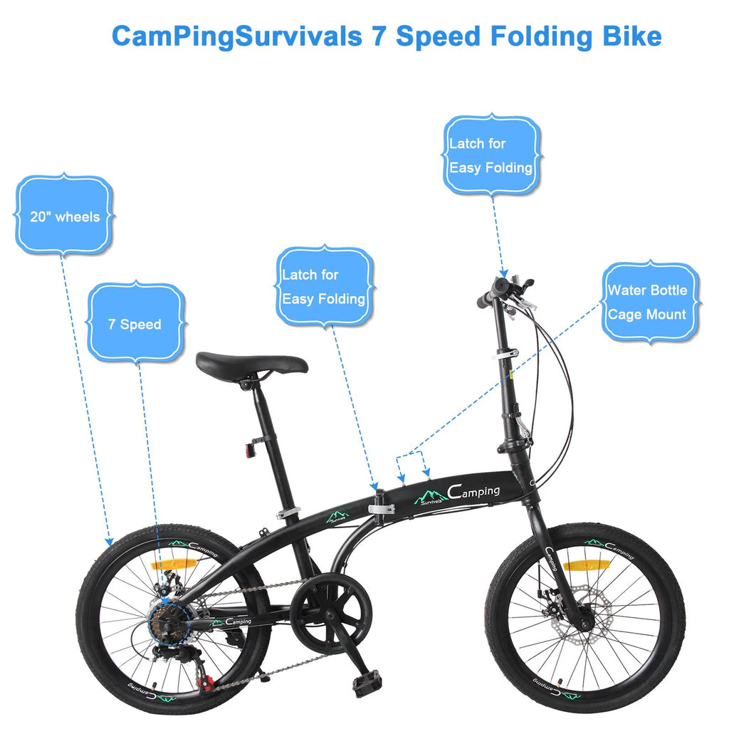 20 Folding Bike, 7 Speed Lightweight City Commuter Bicycle, Black A9140