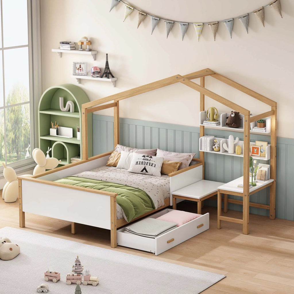 White Full Size Wooden House Bed with Desk and 6-Drawer Chest F2793
