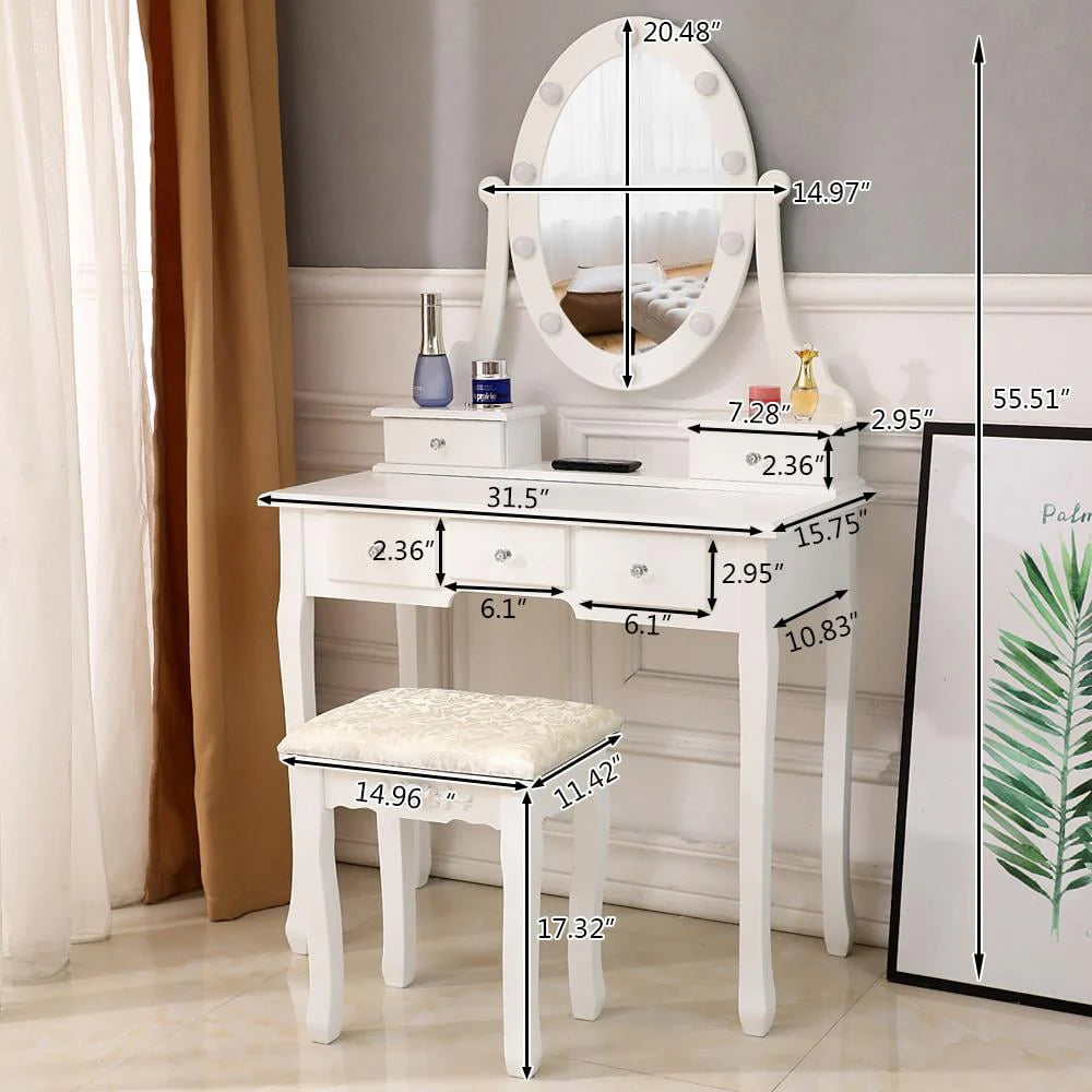 White Vanity Table Set with 5 Drawers and Cushioned Stool L73415