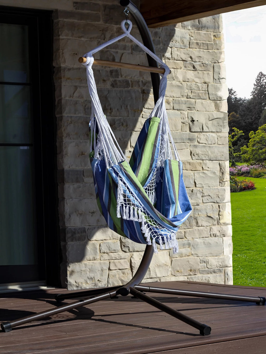 Blue and Green Brazilian Style Hammock Chair with Hanging Bar V51538