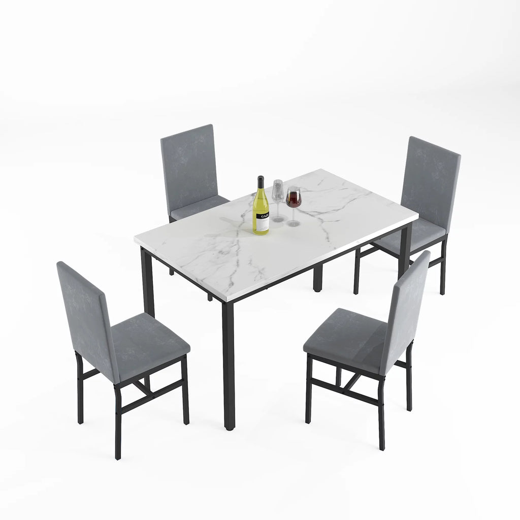 5-Piece White Marble Top Dining Table and 4 Gray Velvet Chairs G671819