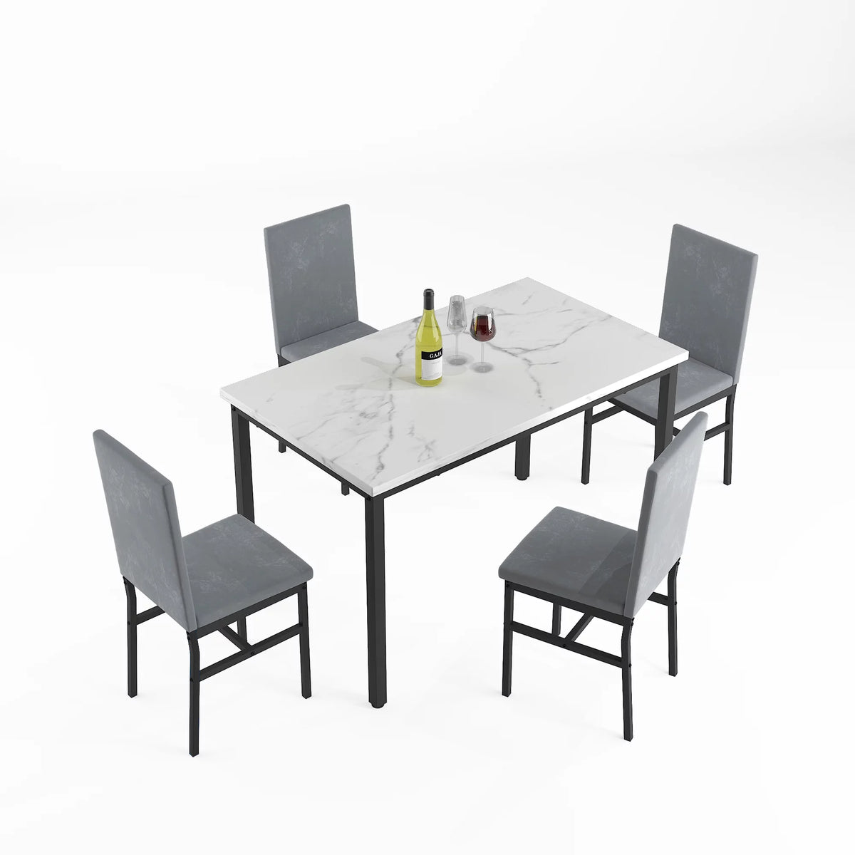 5-Piece White Marble Top Dining Table and 4 Gray Velvet Chairs G671819