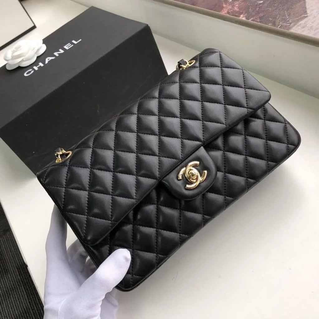 Black Handbag with Gold Toned Hardware J624317