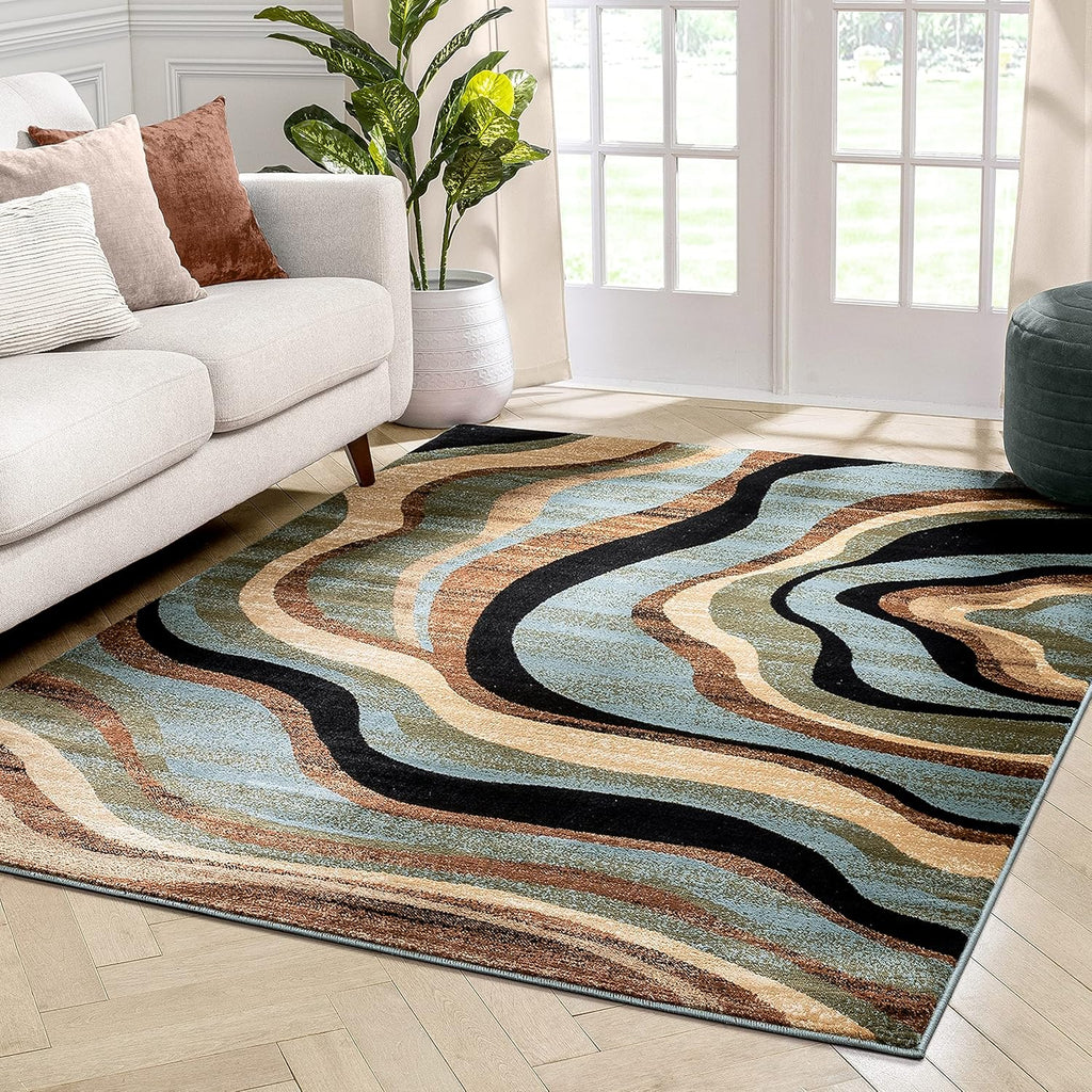 Blue Brown Geometric Area Rug 8x10 T49013