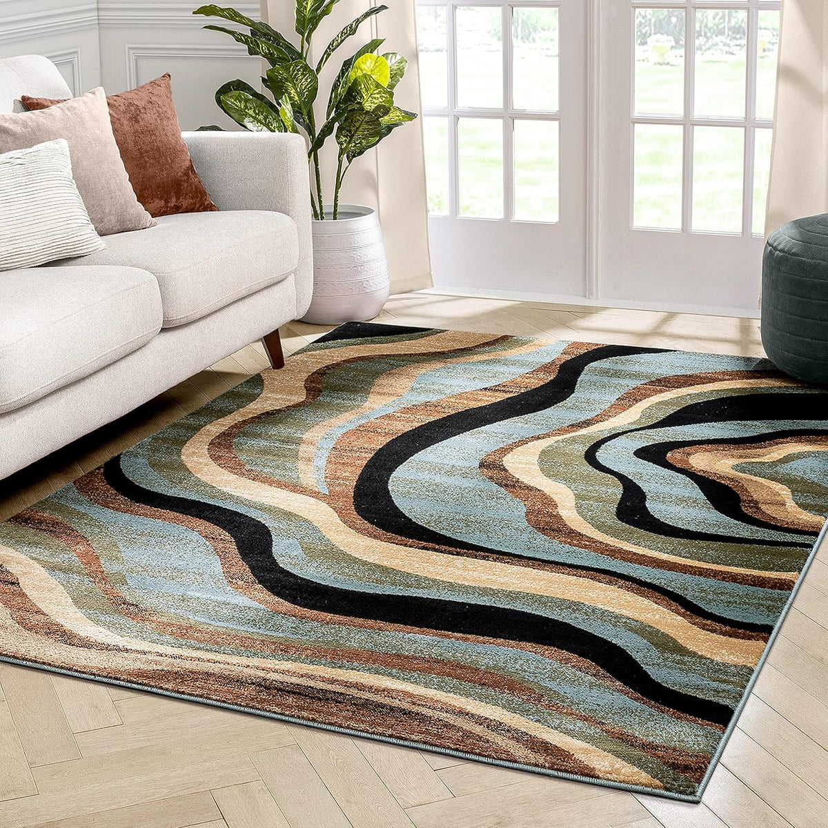 Blue Brown Geometric Area Rug 8x10 T49013