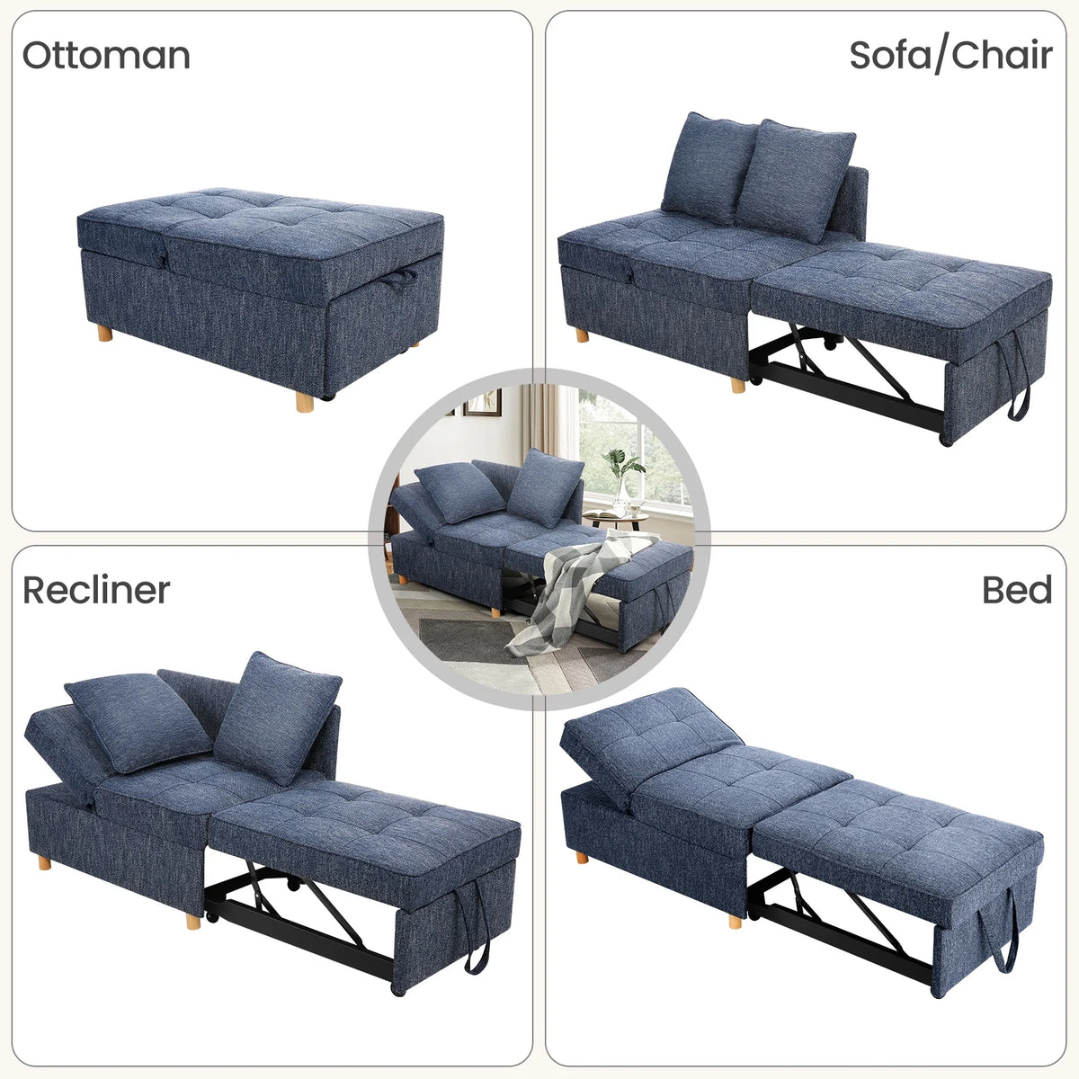 Blue 4 in 1 Convertible Sleeper Chair with 2 Pillows I235