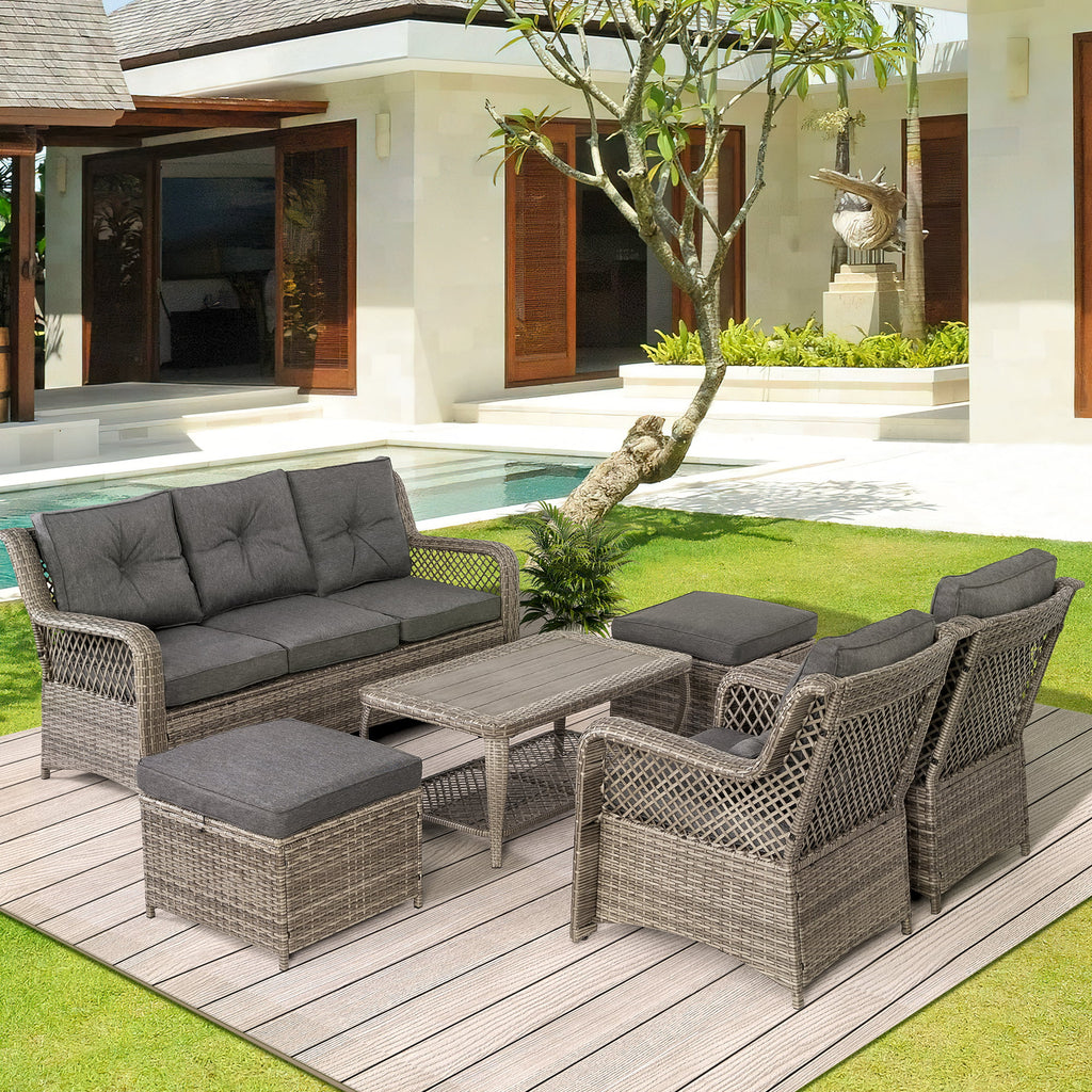 6 Piece Grey Rattan Patio Furniture Set with Ottoman O1854