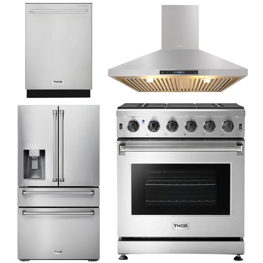 30 Propane Gas Range, Range Hood, Refrigerator with Water and Ice Dispenser, Dishwasher U942354