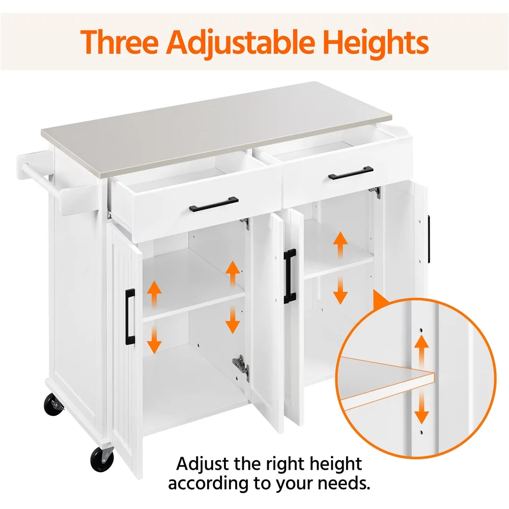 White Kitchen Island with Storage Drawers & Cabinets E243