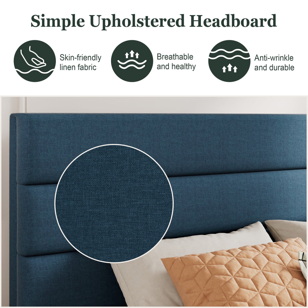 King Size Navy Blue Fabric Upholstered Platform Bed Frame with Headboard Z822