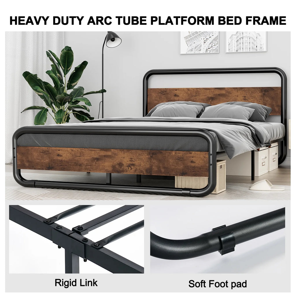 Queen Size Metal Platform Bed Frame with Wooden Headboard D8553