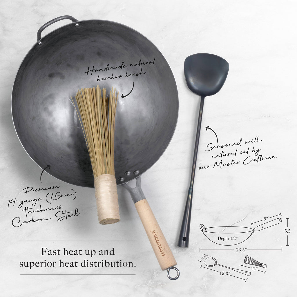 14 inch Hand Hammered Carbon Steel Wok Set with Spatula and Bamboo Brush O166