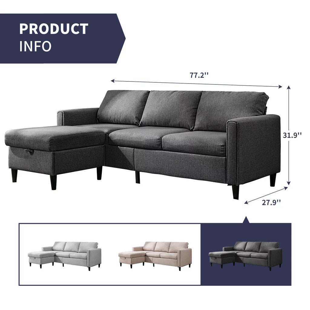 Small Sectional Sofa 3 Seater with Storage Ottoman Light Grey R61834
