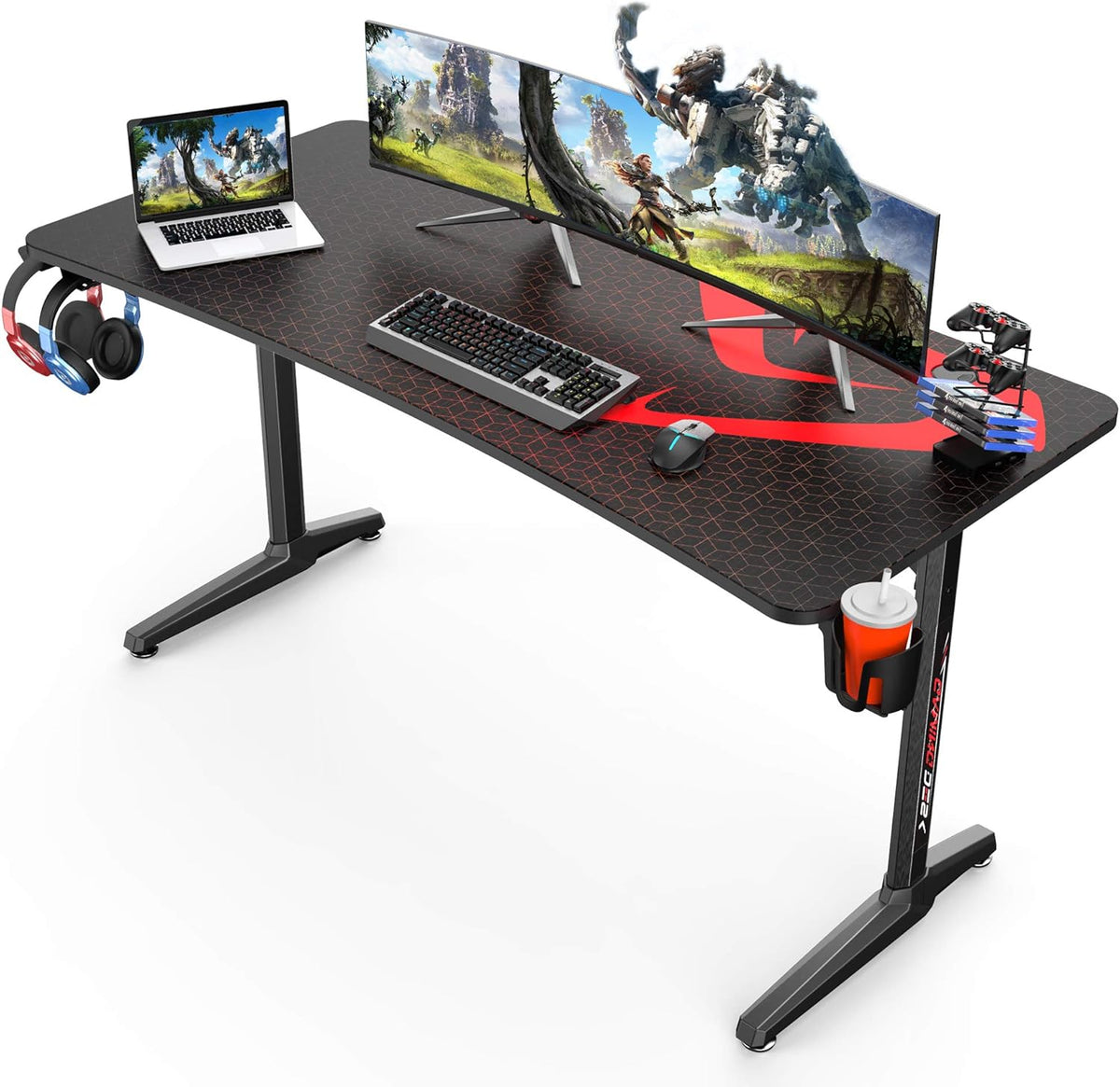 Black Ergonomic Gaming Desk with Mouse Pad and Cup Holder V575278