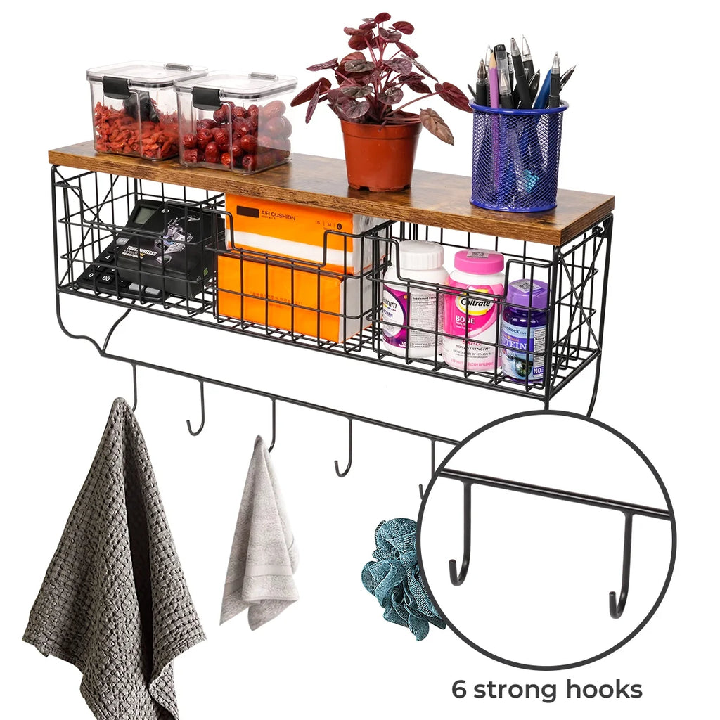 Rustic Wood Wall Mount Shelf with 6 Hooks and 3 Storage Baskets H187427