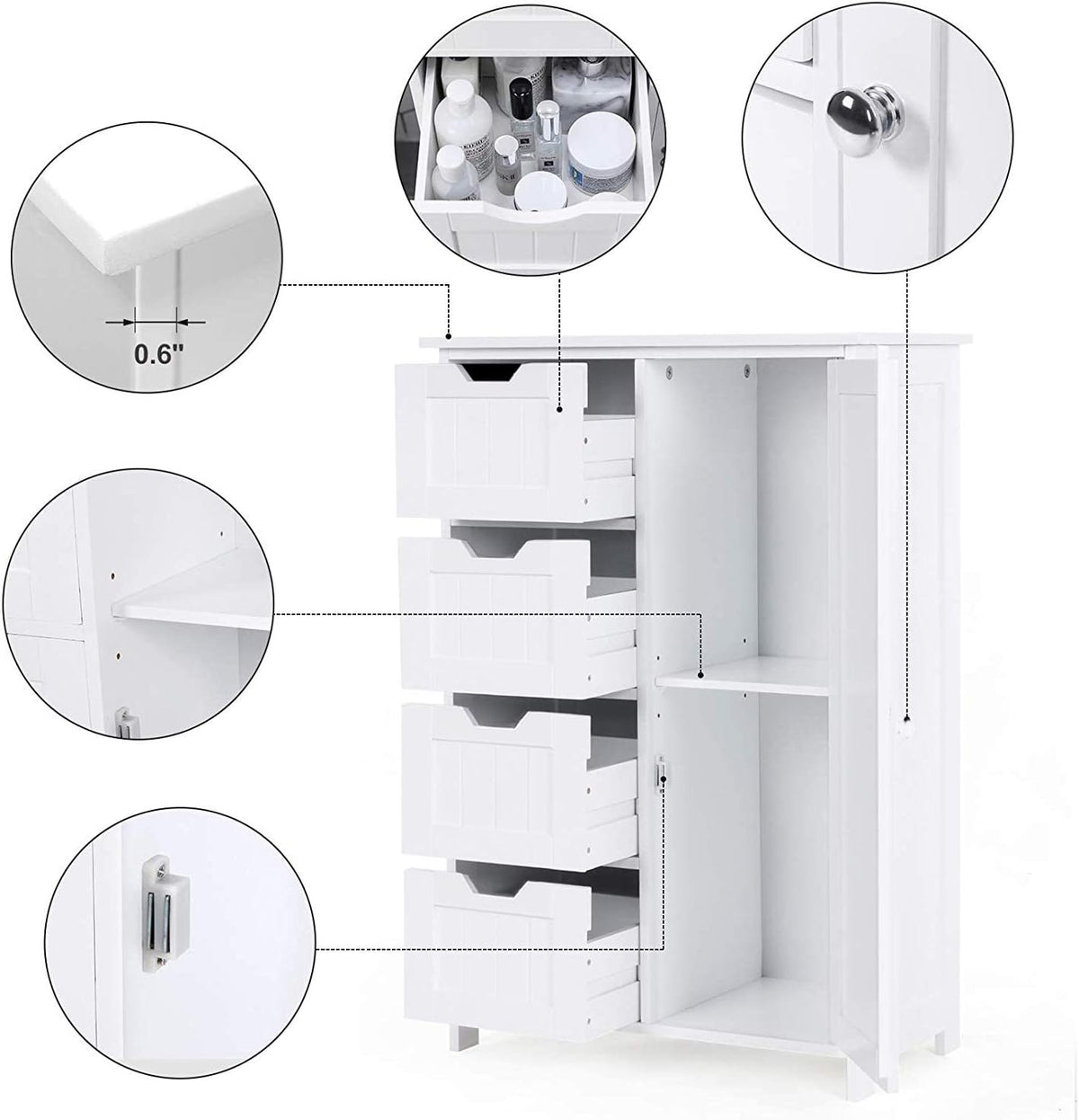 White Freestanding Bathroom Storage Cabinet with 4 Drawers and 1 Door M99793