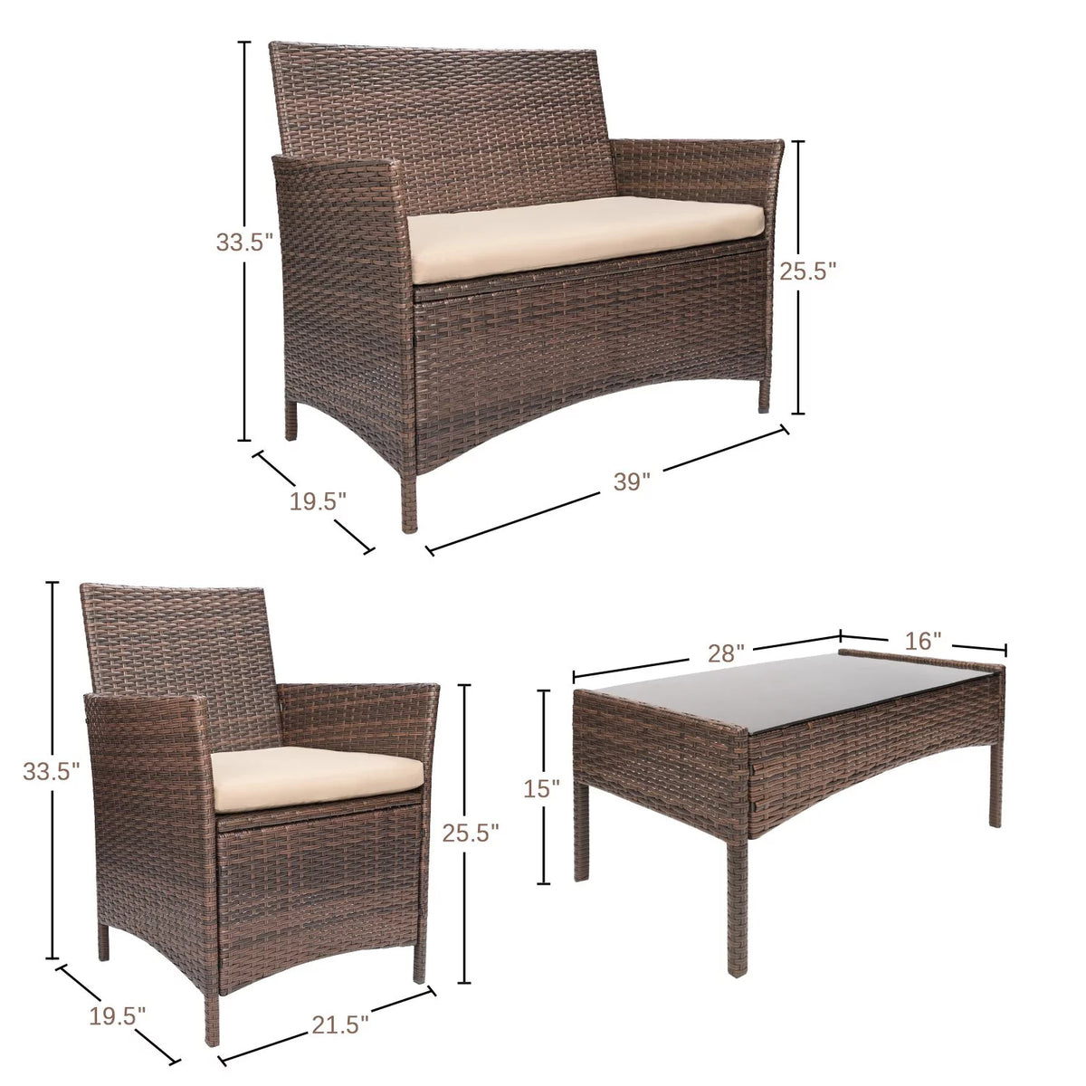 Black PE Rattan Wicker 4 Pieces Patio Table and Chairs Set with Cushion S159