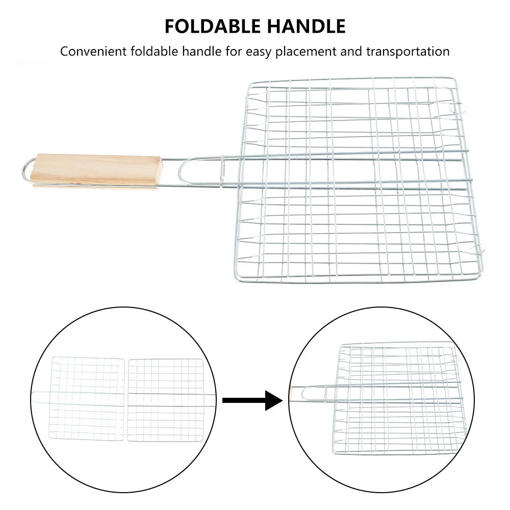 Stainless Steel Folding Barbecue Grilling Basket with Wooden Handle C406
